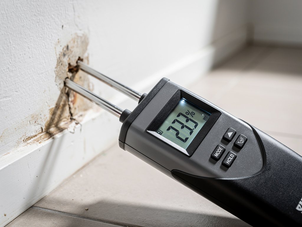 Technician using a moisture meter to inspect a wall corner for hidden mould